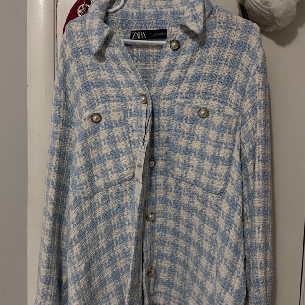 Zara Light Blue Tweed Jacket with Pearl Buttons